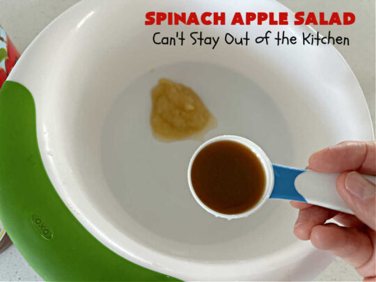 Spinach Apple Salad | Can't Stay Out of the Kitchen | the combination of flavors in this delicious #TossedSalad is wonderful. The #salad includes #apples, #spinach, #raisins & #VidaliaOnions in a tasty #applesauce #SaladDressing. It's easy to toss together at the last minute & pairs delightfully with any #MainDish. #healthy #LowCalorie #GlutenFree #vegan #SugarFree #SpinachApple Salad
