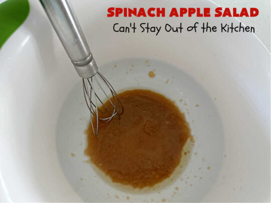 Spinach Apple Salad | Can't Stay Out of the Kitchen | the combination of flavors in this delicious #TossedSalad is wonderful. The #salad includes #apples, #spinach, #raisins & #VidaliaOnions in a tasty #applesauce #SaladDressing. It's easy to toss together at the last minute & pairs delightfully with any #MainDish. #healthy #LowCalorie #GlutenFree #vegan #SugarFree #SpinachApple Salad