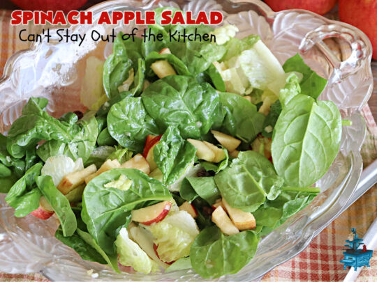 Spinach Apple Salad | Can't Stay Out of the Kitchen | the combination of flavors in this delicious #TossedSalad is wonderful. The #salad includes #apples, #spinach, #raisins & #VidaliaOnions in a tasty #applesauce #SaladDressing. It's easy to toss together at the last minute & pairs delightfully with any #MainDish. #healthy #LowCalorie #GlutenFree #vegan #SugarFree #SpinachApple Salad