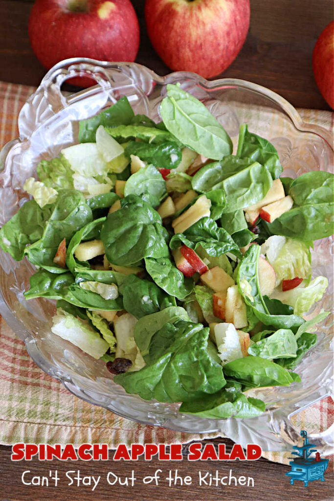 Spinach Apple Salad | Can't Stay Out of the Kitchen | the combination of flavors in this delicious #TossedSalad is wonderful. The #salad includes #apples, #spinach, #raisins & #VidaliaOnions in a tasty #applesauce #SaladDressing. It's easy to toss together at the last minute & pairs delightfully with any #MainDish. #healthy #LowCalorie #GlutenFree #vegan #SugarFree #SpinachApple Salad