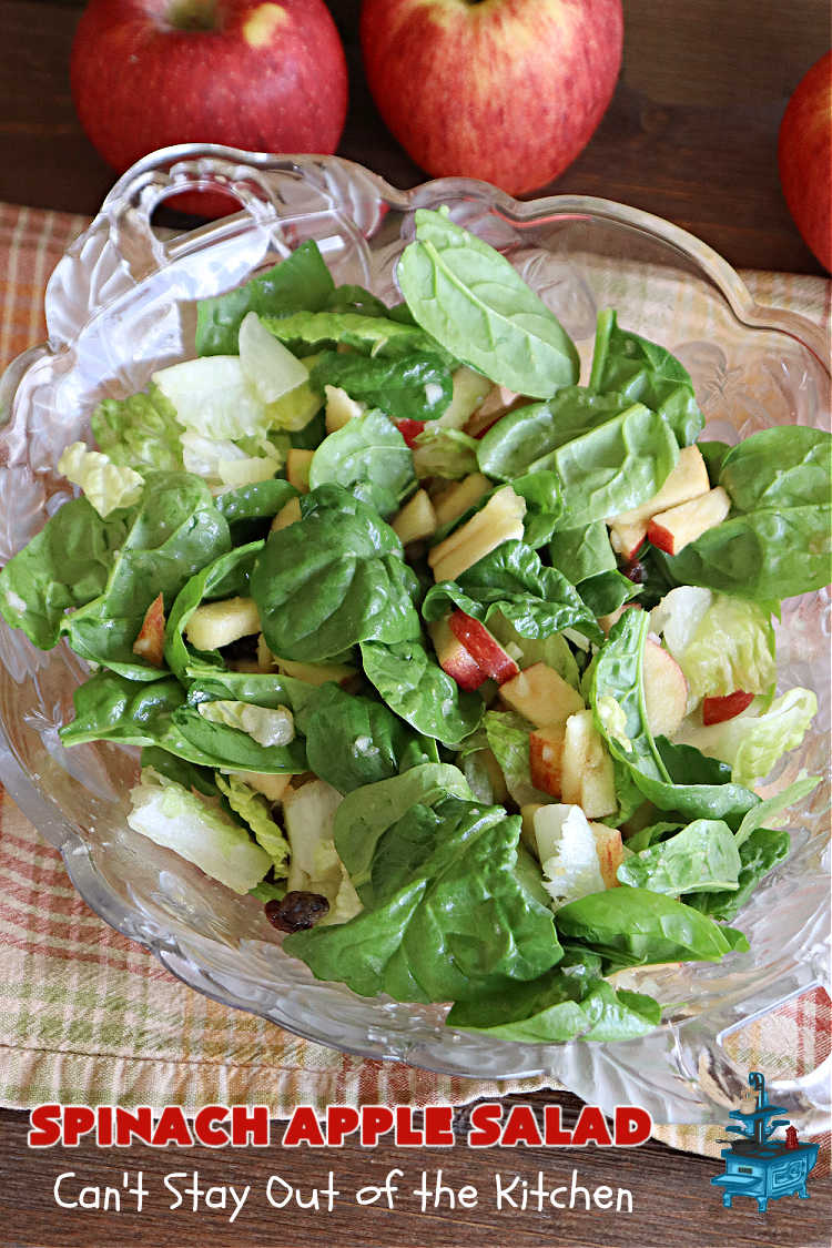 Spinach Apple Salad | Can't Stay Out of the Kitchen | the combination of flavors in this delicious #TossedSalad is wonderful. The #salad includes #apples, #spinach, #raisins & #VidaliaOnions in a tasty #applesauce #SaladDressing. It's easy to toss together at the last minute & pairs delightfully with any #MainDish. #healthy #LowCalorie #GlutenFree #vegan #SugarFree #SpinachApple Salad