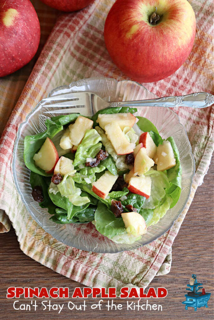 Spinach Apple Salad | Can't Stay Out of the Kitchen | the combination of flavors in this delicious #TossedSalad is wonderful. The #salad includes #apples, #spinach, #raisins & #VidaliaOnions in a tasty #applesauce #SaladDressing. It's easy to toss together at the last minute & pairs delightfully with any #MainDish. #healthy #LowCalorie #GlutenFree #vegan #SugarFree #SpinachApple Salad