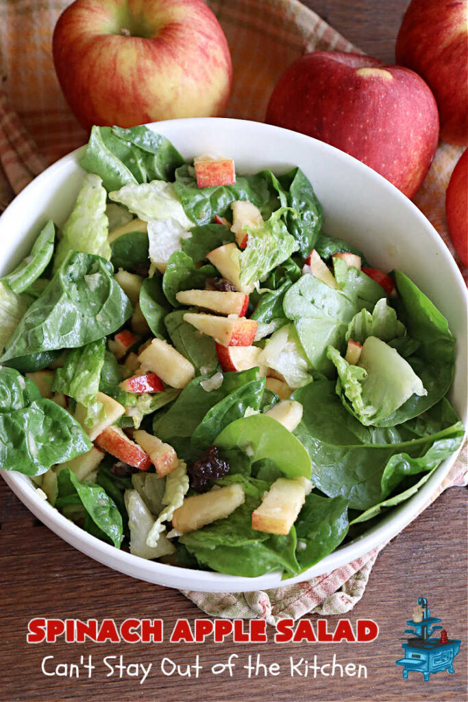 Spinach Apple Salad | Can't Stay Out of the Kitchen | the combination of flavors in this delicious #TossedSalad is wonderful. The #salad includes #apples, #spinach, #raisins & #VidaliaOnions in a tasty #applesauce #SaladDressing. It's easy to toss together at the last minute & pairs delightfully with any #MainDish. #healthy #LowCalorie #GlutenFree #vegan #SugarFree #SpinachApple Salad