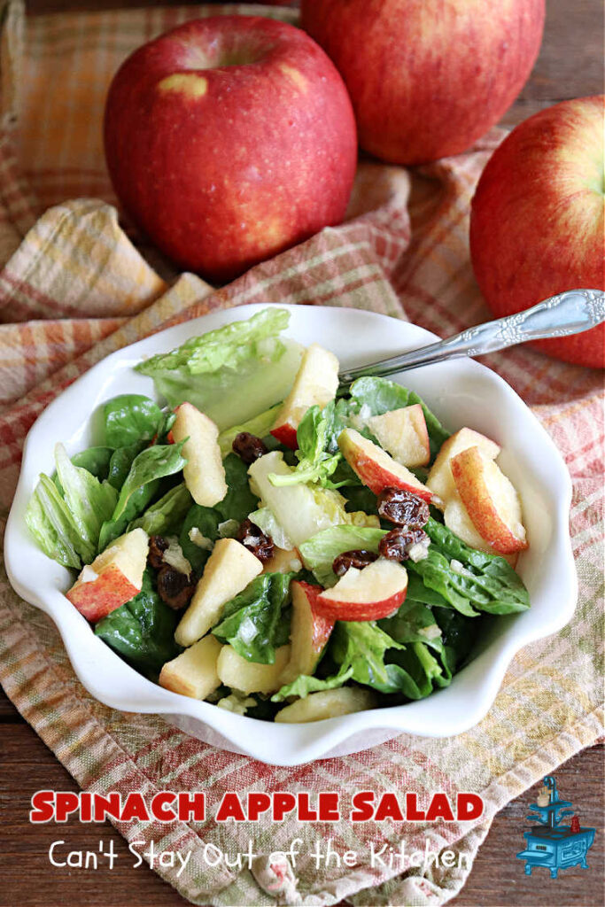Spinach Apple Salad | Can't Stay Out of the Kitchen | the combination of flavors in this delicious #TossedSalad is wonderful. The #salad includes #apples, #spinach, #raisins & #VidaliaOnions in a tasty #applesauce #SaladDressing. It's easy to toss together at the last minute & pairs delightfully with any #MainDish. #healthy #LowCalorie #GlutenFree #vegan #SugarFree #SpinachApple Salad