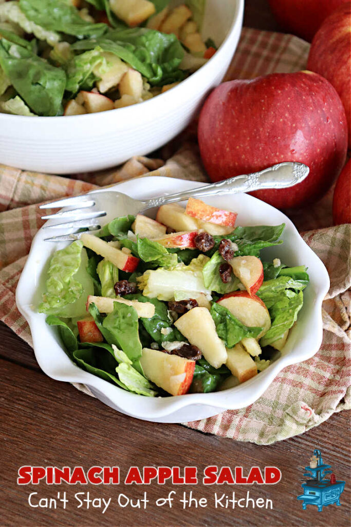 Spinach Apple Salad | Can't Stay Out of the Kitchen | the combination of flavors in this delicious #TossedSalad is wonderful. The #salad includes #apples, #spinach, #raisins & #VidaliaOnions in a tasty #applesauce #SaladDressing. It's easy to toss together at the last minute & pairs delightfully with any #MainDish. #healthy #LowCalorie #GlutenFree #vegan #SugarFree #SpinachApple Salad
