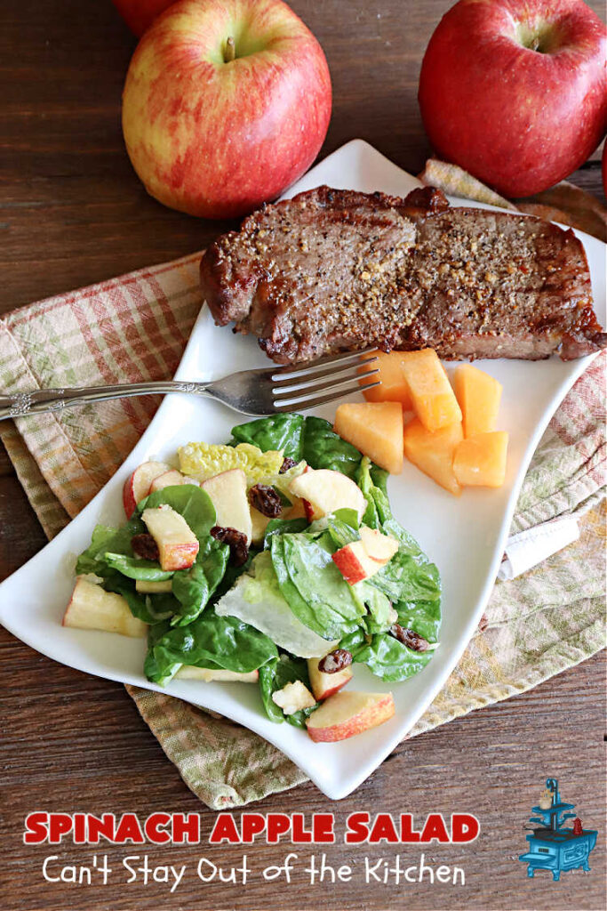 Spinach Apple Salad | Can't Stay Out of the Kitchen | the combination of flavors in this delicious #TossedSalad is wonderful. The #salad includes #apples, #spinach, #raisins & #VidaliaOnions in a tasty #applesauce #SaladDressing. It's easy to toss together at the last minute & pairs delightfully with any #MainDish. #healthy #LowCalorie #GlutenFree #vegan #SugarFree #SpinachApple Salad