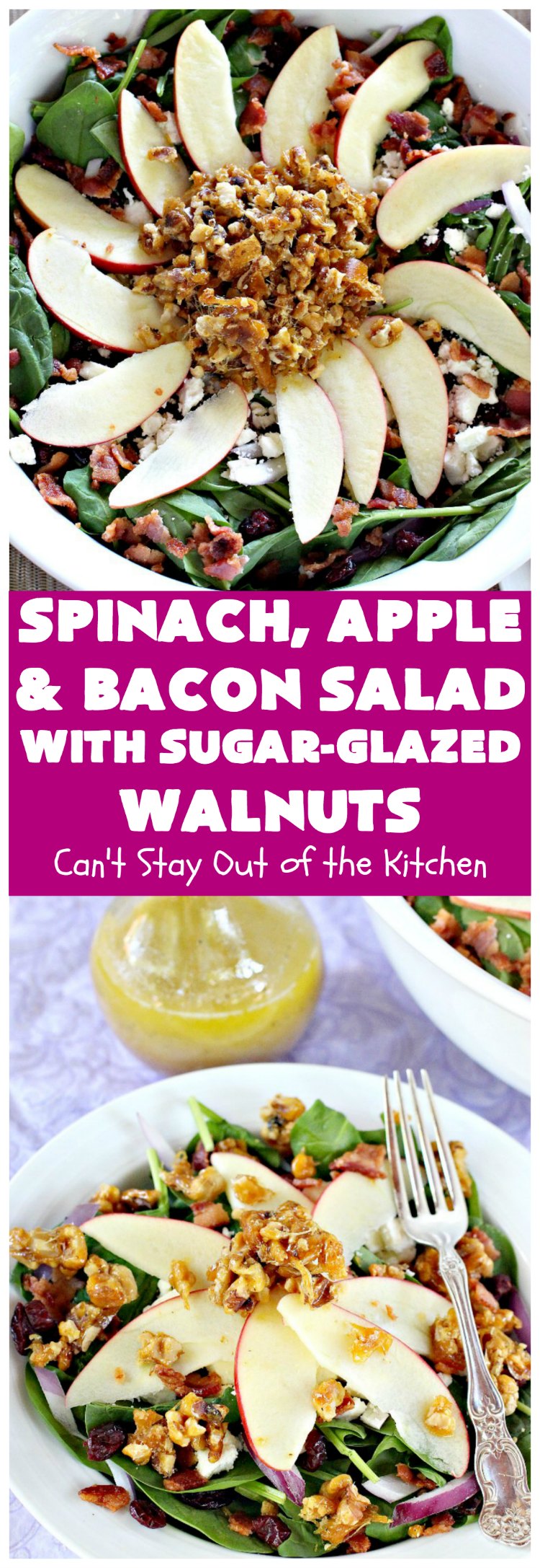 Spinach, Apple and Bacon Salad with Sugar-Glazed Walnuts | Can't Stay Out of the Kitchen