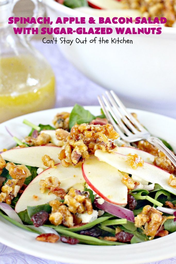 Spinach, Apple and Bacon Salad with Sugar-Glazed Walnuts | Can't Stay Out of the Kitchen | this is one of our favorite #salads. It's filled with #bacon, #apples & #feta cheese. Then homemade glazed #walnuts are added on top. Perfect #salad for company or #holiday dinners like #Easter, #MothersDay or #FathersDay. #spinach #glutenfree 