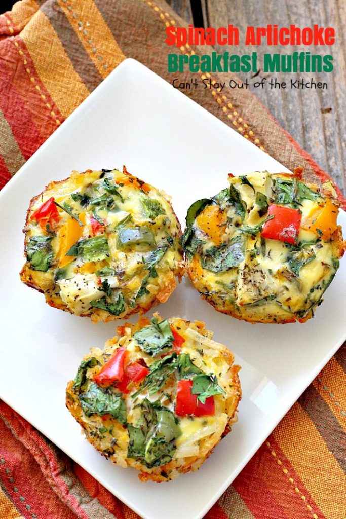 Spinach Artichoke Breakfast Muffins | Can't Stay Out of the Kitchen | these vegetarian #breakfast #muffins are fantastic. Fresh #spinach and #artichokes are combined with eggs and #cheddarcheese in a hash brown #potato crust. Perfect for any #holiday breakfast. #glutenfree
