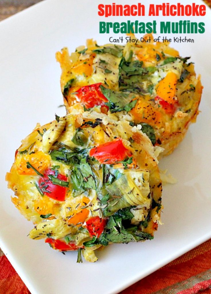 Spinach Artichoke Breakfast Muffins | Can't Stay Out of the Kitchen | these vegetarian #breakfast #muffins are fantastic. Fresh #spinach and #artichokes are combined with eggs and #cheddarcheese in a hash brown #potato crust. Perfect for any #holiday breakfast. #glutenfree