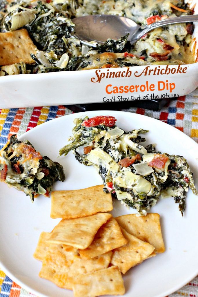 Spinach Artichoke Casserole Dip | Can't Stay Out of the Kitchen | fabulous #Neiman-Marcus #appetizer that's loaded with #cheese #bacon #spinach and #artichokes. Great #tailgating recipe. #glutenfree