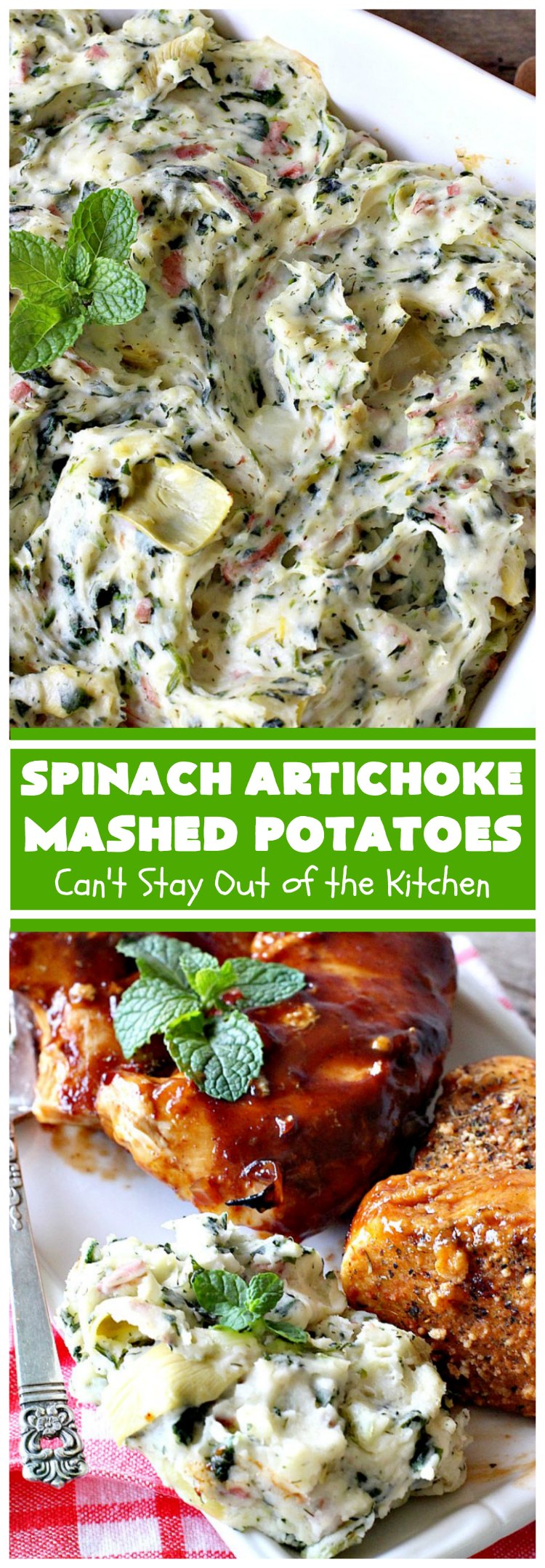 Spinach Artichoke Mashed Potatoes | Can't Stay Out of the Kitchen | this is a dynamic way to eat #mashedpotatoes. This one includes #creamcheese and sour cream along with #spinach, #artichokes & roasted #garlic. It's a terrific #sidedish for any meal but particularly delightful for company & #holidays like #Thanksgiving or #Christmas. #glutenfree