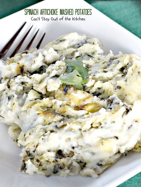 Spinach Artichoke Mashed Potatoes | Can't Stay Out of the Kitchen | we love this amazing #mashedpotatoes dish. This one includes #spinach and #artichokes for superb flavor. #glutenfree #casserole