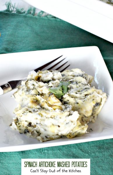 Spinach Artichoke Mashed Potatoes | Can't Stay Out of the Kitchen | we love this amazing #mashedpotatoes dish. This one includes #spinach and #artichokes for superb flavor. #glutenfree #casserole