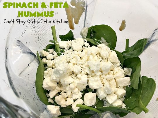 Spinach and Feta Hummus | Can't Stay Out of the Kitchen | this fantastic #hummus #recipe includes fresh #spinach, #FetaCheese, #GarbanzoBeans & some great spices that give it a little kick. Wonderful #appetizer for #holiday or #NewYearsDay parties or #Tailgating or #SuperBowl parties. Healthy, low calorie, #GlutenFree #SpinachFetaHummus