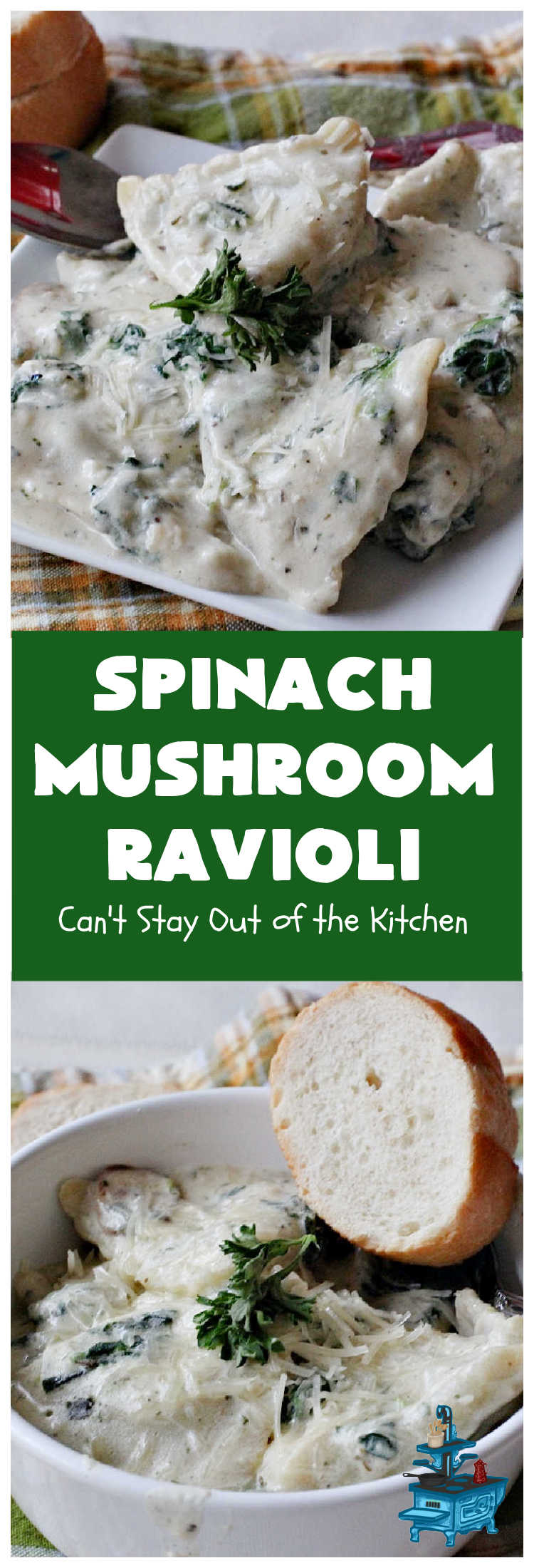 Spinach Mushroom Ravioli | Can't Stay Out of the Kitchen | This #MeatlessMonday #recipe can be dinner ready in less than 30 minutes! It's totally mouthwatering & irresistible. This fabulous #pasta dish is filled with three #cheeses, #spinach and two kinds of #mushrooms in a #garlic #AlfredoSauce that's succulent and amazing. #ravioli #SpinachMushroomRavioliSpinach Mushroom Ravioli | Can't Stay Out of the Kitchen | This #MeatlessMonday #recipe can be dinner ready in less than 30 minutes! It's totally mouthwatering & irresistible. This fabulous #pasta dish is filled with three #cheeses, #spinach and two kinds of #mushrooms in a #garlic #AlfredoSauce that's succulent and amazing. #ravioli #SpinachMushroomRavioli