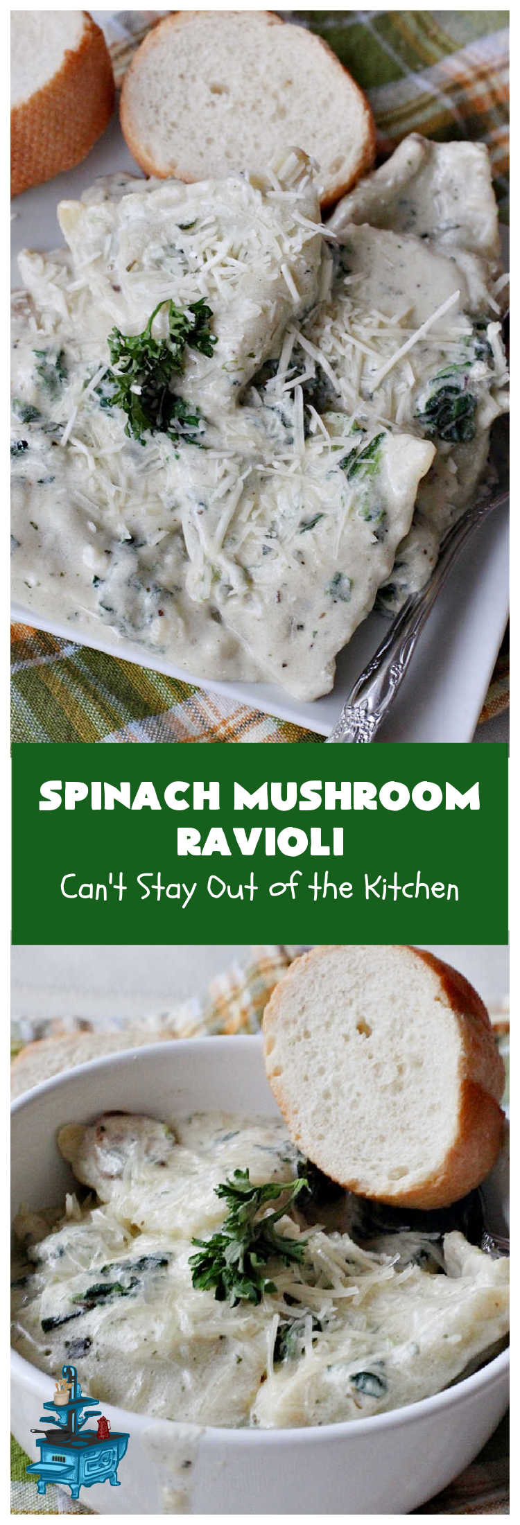 Spinach Mushroom Ravioli | Can't Stay Out of the Kitchen | This #MeatlessMonday #recipe can be dinner ready in less than 30 minutes! It's totally mouthwatering & irresistible. This fabulous #pasta dish is filled with three #cheeses, #spinach and two kinds of #mushrooms in a #garlic #AlfredoSauce that's succulent and amazing. #ravioli #SpinachMushroomRavioli