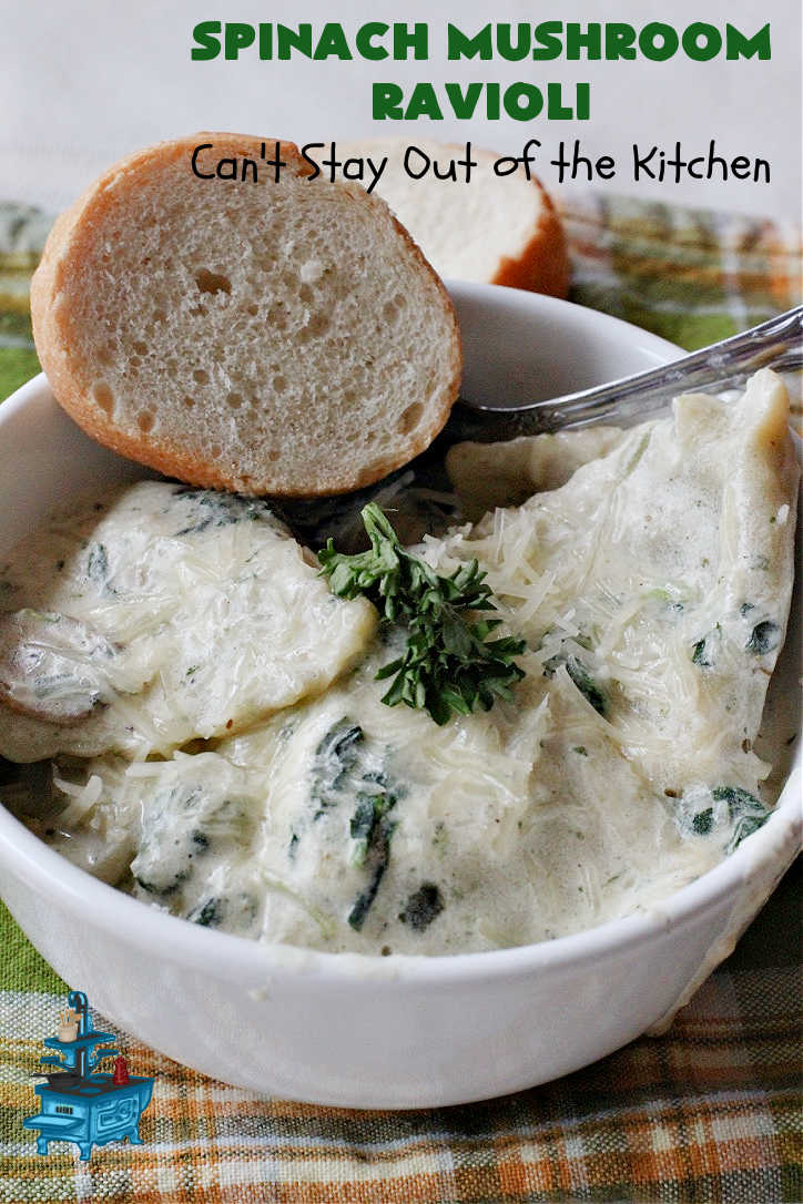 Spinach Mushroom Ravioli | Can't Stay Out of the Kitchen | This #MeatlessMonday #recipe can be dinner ready in less than 30 minutes! It's totally mouthwatering & irresistible. This fabulous #pasta dish is filled with three #cheeses, #spinach and two kinds of #mushrooms in a #garlic #AlfredoSauce that's succulent and amazing. #ravioli #SpinachMushroomRavioli