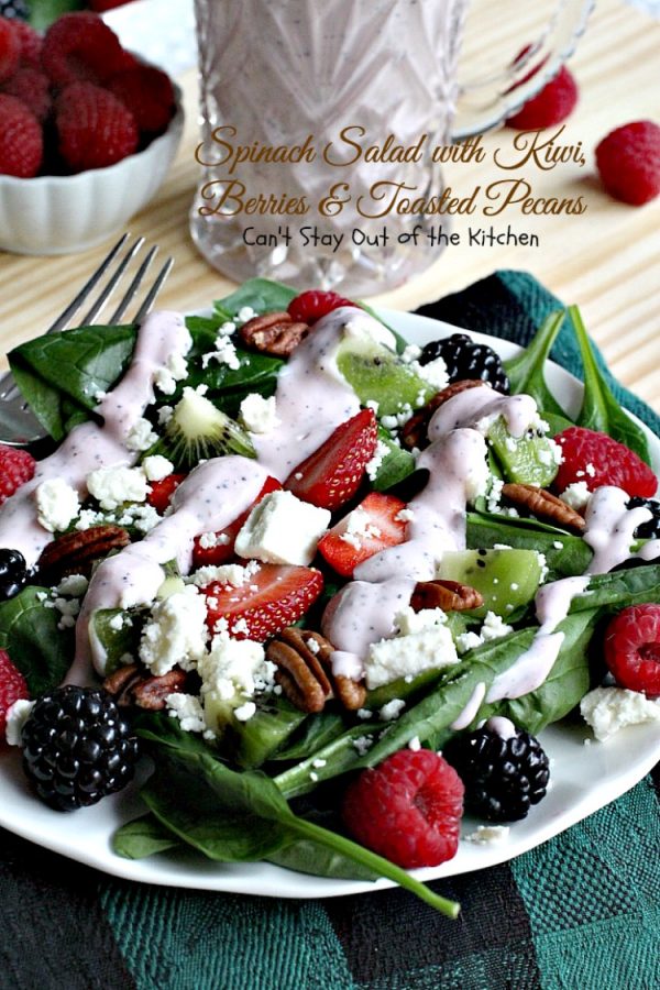 Spinach Salad with Kiwi, Berries & Toasted Pecans | Can't Stay Out of the Kitchen