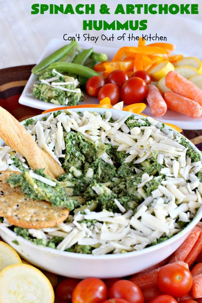 Spinach and Artichoke Hummus | Can't Stay Out of the Kitchen | this crowd-pleasing #appetizer is perfect for #tailgating parties or the #SuperBowl. The combination of #Spinach #Artichoke dip & #hummus is amazing. #SpinachArtichokeHummus #healthy #lowcalorie #Romano #glutenfree #GlutenFreeAppetizer