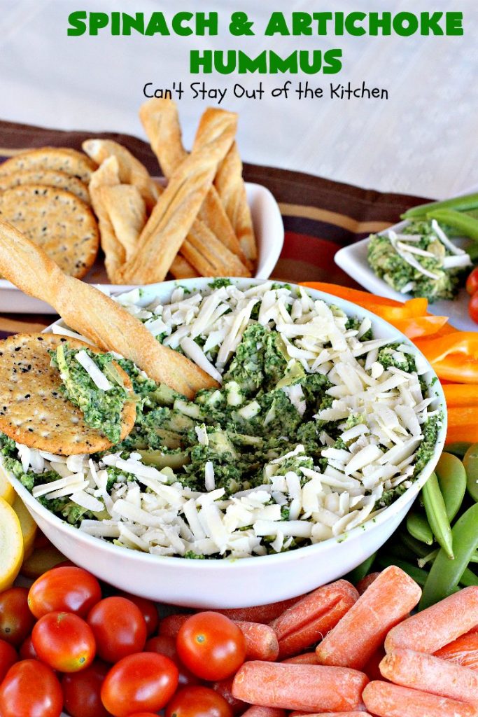 Spinach and Artichoke Hummus | Can't Stay Out of the Kitchen | this crowd-pleasing #appetizer is perfect for #tailgating parties or the #SuperBowl. The combination of #Spinach #Artichoke dip & #hummus is amazing. #SpinachArtichokeHummus #healthy #lowcalorie #Romano #glutenfree #GlutenFreeAppetizer