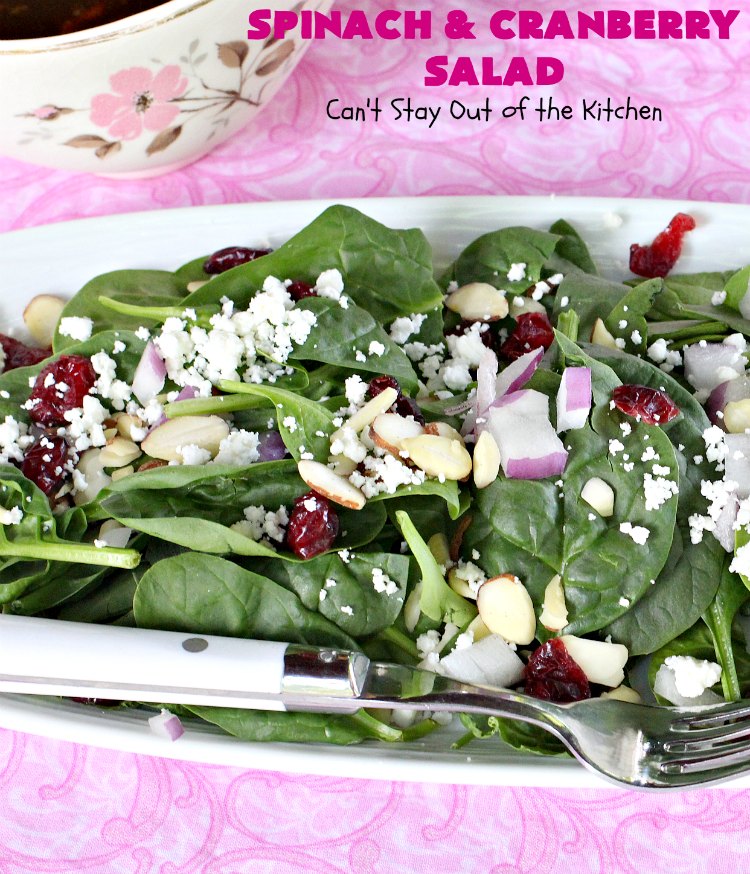 Spinach and Cranberry Salad | Can't Stay Out of the Kitchen | this lovely #salad has a delightful #Orange #Vinaigrette that makes it snap. It's terrific for company or #holidays like #MothersDay or #FathersDay. It's quick & easy & uses only 8 ingredients. #spinach #cranberries #Craisins #almonds #GlutenFree #HolidaySideDish #MothersDaySideDish #FathersDaySideDish #SpinachAndCranberrySalad