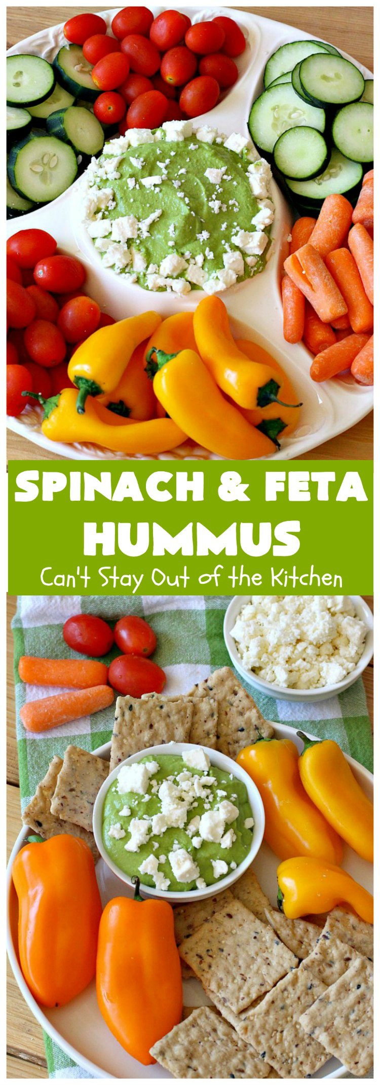 Spinach and Feta Hummus | Can't Stay Out of the Kitchen | this fantastic #hummus #recipe includes fresh #spinach, #FetaCheese, #GarbanzoBeans & some great spices that give it a little kick. Wonderful #appetizer for #holiday or #NewYearsDay parties or #Tailgating or #SuperBowl parties. Healthy, low calorie, #GlutenFree #SpinachFetaHummus