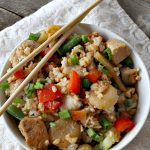 Sriracha Chicken Fried Rice | Can't Stay Out of the Kitchen | fantastic #chicken #FriedRice entree. It's spiced up with #Sriracha sauce! This 30-minute meal is a winner! #GlutenFree #rice #SrirachaChickenFriedRice #ChickenFriedRice