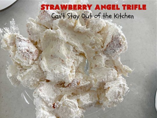 Strawberry Angel Dessert | Can't Stay Out of the Kitchen | this spectacular #dessert is rich, decadent & divine! It uses only 5 ingredients & can be whipped up in about 10 minutes. No one will believe this luscious #StrawberryDessert is so easy to make! Perfect for #holiday celebrations, company dinners or even #BackyardBarbecues. Always a crowd-pleaser. #strawberry #CreamCheese #StrawberryPieFilling #AngelFoodCake #StrawberryAngelTrifle #StrawberryAngelDessert