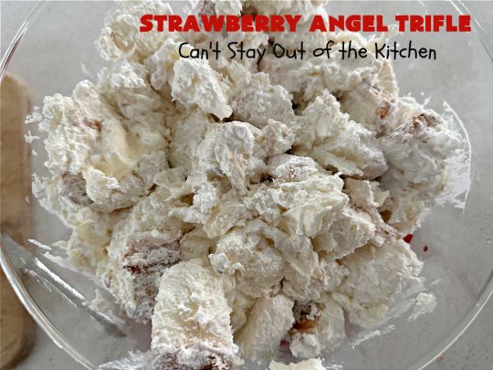 Strawberry Angel Dessert | Can't Stay Out of the Kitchen | this spectacular #dessert is rich, decadent & divine! It uses only 5 ingredients & can be whipped up in about 10 minutes. No one will believe this luscious #StrawberryDessert is so easy to make! Perfect for #holiday celebrations, company dinners or even #BackyardBarbecues. Always a crowd-pleaser. #strawberry #CreamCheese #StrawberryPieFilling #AngelFoodCake #StrawberryAngelTrifle #StrawberryAngelDessert