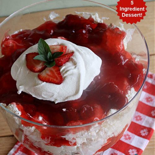 Strawberry Angel Dessert | Can't Stay Out of the Kitchen | this spectacular #dessert is rich, decadent & divine! It uses only 5 ingredients & can be whipped up in about 10 minutes. No one will believe this luscious #StrawberryDessert is so easy to make! Perfect for #holiday celebrations, company dinners or even #BackyardBarbecues. Always a crowd-pleaser. #strawberry #CreamCheese #StrawberryPieFilling #AngelFoodCake #StrawberryAngelTrifle #StrawberryAngelDessert