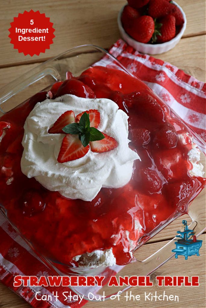 Strawberry Angel Dessert | Can't Stay Out of the Kitchen | this spectacular #dessert is rich, decadent & divine! It uses only 5 ingredients & can be whipped up in about 10 minutes. No one will believe this luscious #StrawberryDessert is so easy to make! Perfect for #holiday celebrations, company dinners or even #BackyardBarbecues. Always a crowd-pleaser. #strawberry #CreamCheese #StrawberryPieFilling #AngelFoodCake #StrawberryAngelTrifle #StrawberryAngelDessert