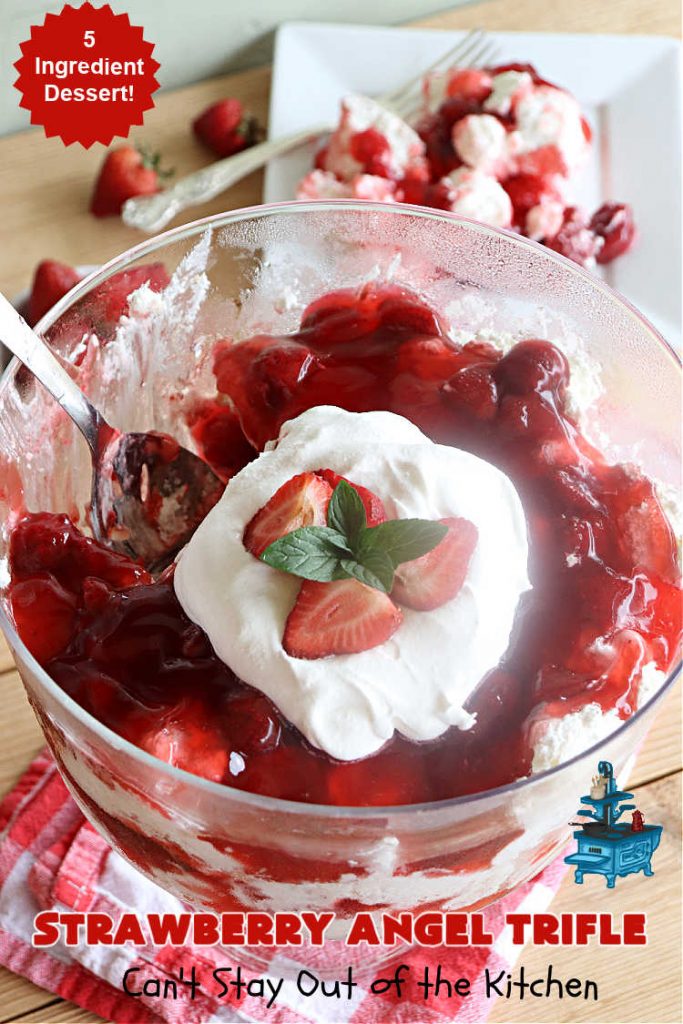 Strawberry Angel Dessert | Can't Stay Out of the Kitchen | this spectacular #dessert is rich, decadent & divine! It uses only 5 ingredients & can be whipped up in about 10 minutes. No one will believe this luscious #StrawberryDessert is so easy to make! Perfect for #holiday celebrations, company dinners or even #BackyardBarbecues. Always a crowd-pleaser. #strawberry #CreamCheese #StrawberryPieFilling #AngelFoodCake #StrawberryAngelTrifle #StrawberryAngelDessert