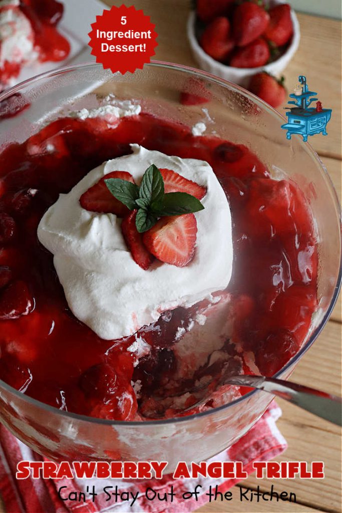 Strawberry Angel Dessert | Can't Stay Out of the Kitchen | this spectacular #dessert is rich, decadent & divine! It uses only 5 ingredients & can be whipped up in about 10 minutes. No one will believe this luscious #StrawberryDessert is so easy to make! Perfect for #holiday celebrations, company dinners or even #BackyardBarbecues. Always a crowd-pleaser. #strawberry #CreamCheese #StrawberryPieFilling #AngelFoodCake #StrawberryAngelTrifle #StrawberryAngelDessert