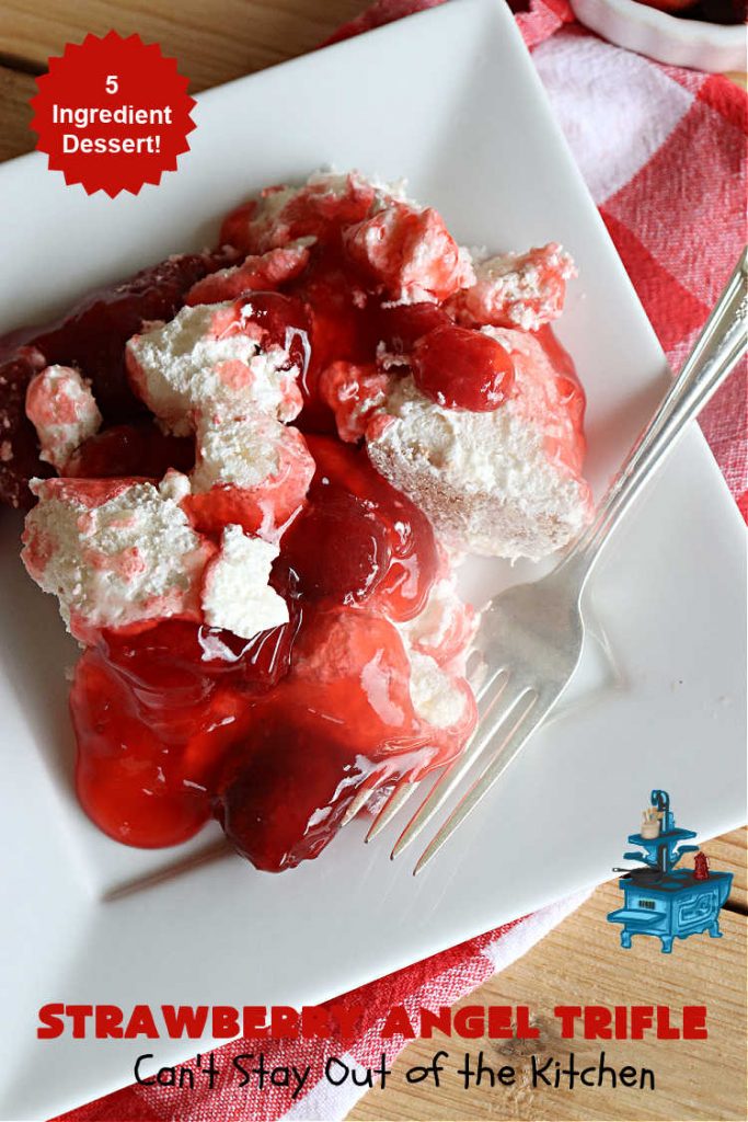 Strawberry Angel Dessert | Can't Stay Out of the Kitchen | this spectacular #dessert is rich, decadent & divine! It uses only 5 ingredients & can be whipped up in about 10 minutes. No one will believe this luscious #StrawberryDessert is so easy to make! Perfect for #holiday celebrations, company dinners or even #BackyardBarbecues. Always a crowd-pleaser. #strawberry #CreamCheese #StrawberryPieFilling #AngelFoodCake #StrawberryAngelTrifle #StrawberryAngelDessert