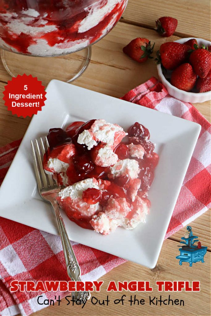 Strawberry Angel Dessert | Can't Stay Out of the Kitchen | this spectacular #dessert is rich, decadent & divine! It uses only 5 ingredients & can be whipped up in about 10 minutes. No one will believe this luscious #StrawberryDessert is so easy to make! Perfect for #holiday celebrations, company dinners or even #BackyardBarbecues. Always a crowd-pleaser. #strawberry #CreamCheese #StrawberryPieFilling #AngelFoodCake #StrawberryAngelTrifle #StrawberryAngelDessert