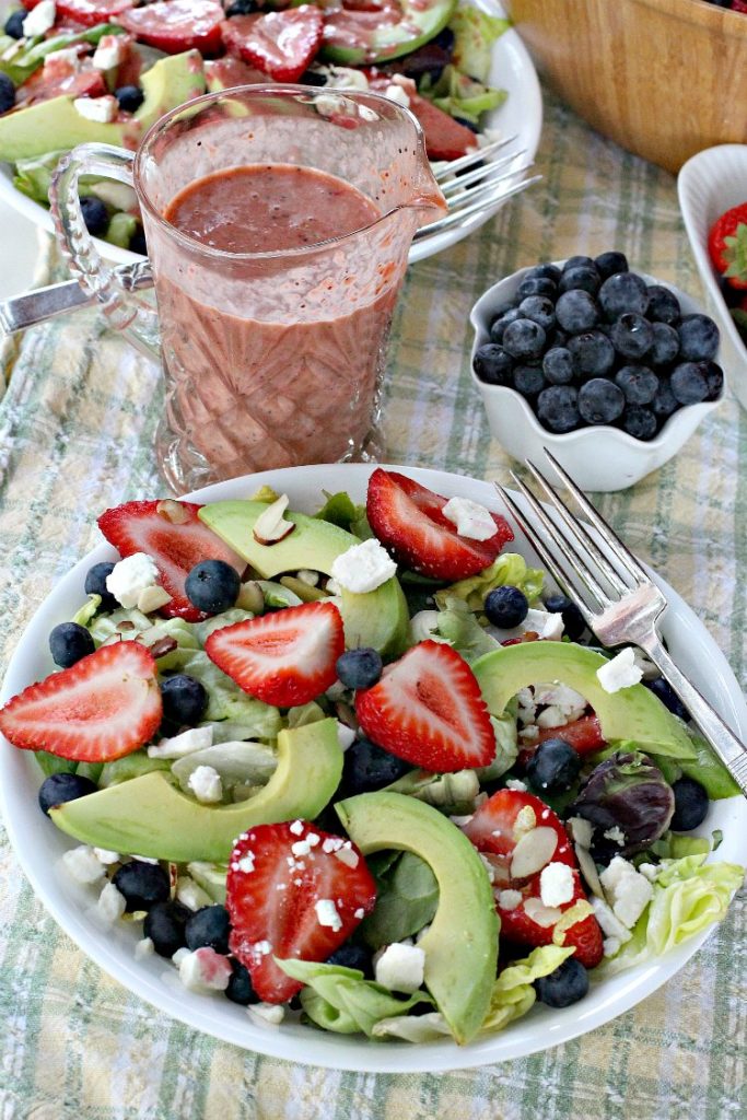 Strawberry Blueberry Avocado Salad with Strawberry Poppyseed Vinaigrette | Can't Stay Out of the Kitchen | this fantastic #salad and homemade dressing takes only about 10 minutes to make. It's festive, beautiful & a refreshing change for summer salads when you're trying to keep the heat out of your house! #blueberries #strawberries #avocados #glutenfree