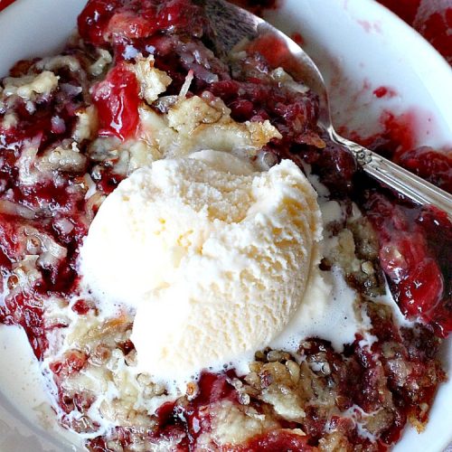Strawberry Rhubarb Dump Cake Cobbler | Can't Stay Out of the Kitchen | this fantastic #cobbler is oven ready in 5 minutes! It's perfect for backyard #BBQs, potluck dinners or #holidays like #MothersDay or #FathersDay. #dessert #strawberry #rhubarb #dumpcake #vegan