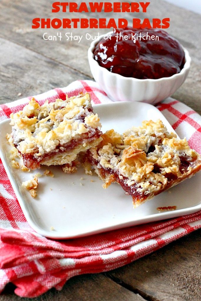 Strawberry Shortbread Bars | Can't Stay Out of the Kitchen | these fabulous #cookies have a shortbread crust, layered with #strawberry preserves & topped with a #coconut topping. They are terrific for #holiday parties & baking. #dessert