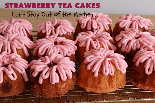 Strawberry Tea Cakes | Can't Stay Out of the Kitchen | these scrumptious #TeaCakes start with a #strawberry #CakeMix. These also include vanilla pudding & #WhiteChocolateChips. Beautiful, festive and elegant #dessert for #Christmas or #holiday baking. #cake #HolidayDessert #StrawberryDessert #StrawberryTeaCakesStrawberry Tea Cakes | Can't Stay Out of the Kitchen | these scrumptious #TeaCakes start with a #strawberry #CakeMix. These also include vanilla pudding & #WhiteChocolateChips. Beautiful, festive and elegant #dessert for #Christmas or #holiday baking. #cake #HolidayDessert #StrawberryDessert #StrawberryTeaCakes