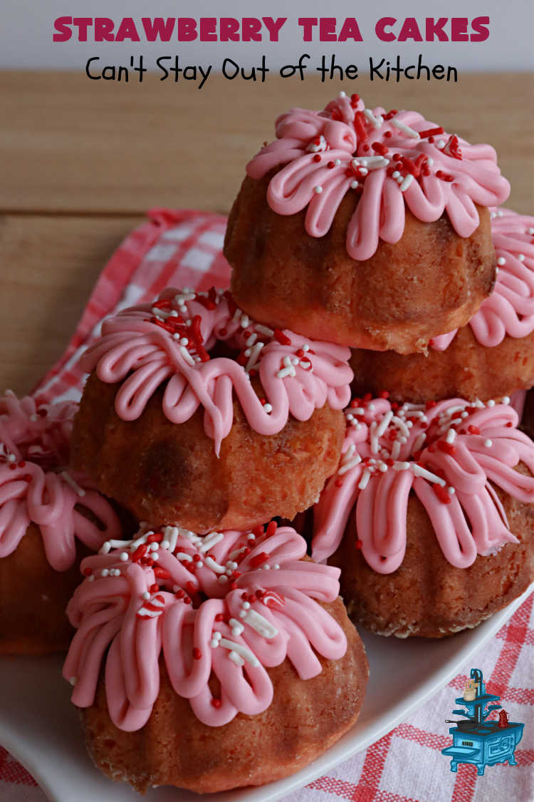 Strawberry Tea Cakes | Can't Stay Out of the Kitchen | these scrumptious #TeaCakes start with a #strawberry #CakeMix. These also include vanilla pudding & #WhiteChocolateChips. Beautiful, festive and elegant #dessert for #Christmas or #holiday baking. #cake #HolidayDessert #StrawberryDessert #StrawberryTeaCakes