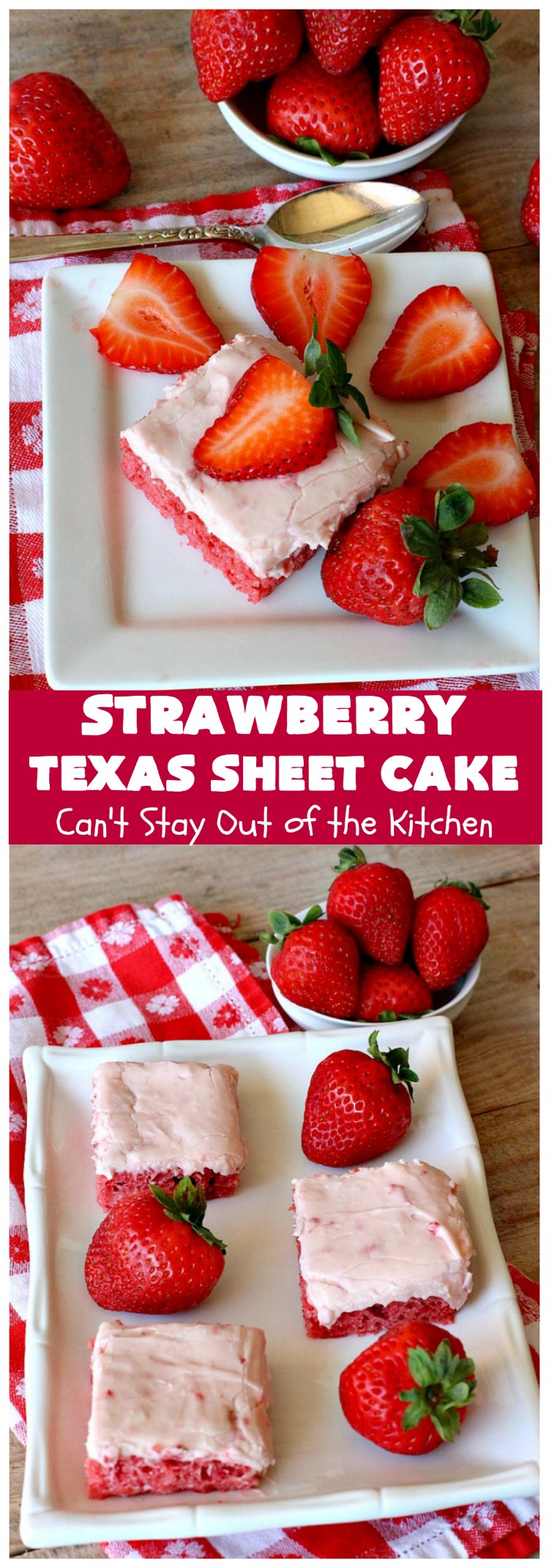 Strawberry Texas Sheet Cake | Can't Stay Out of the Kitchen | this amazing #dessert will have you drooling from the first bite! The #CreamCheese icing is fantastic. Perfect #cake for company or #holidays because it feeds a crowd and everyone wants seconds! #SheetCake #TexasSheetCake #strawberries #StrawberryTexasSheetCake #HolidayDessert #Christmas #ValentinesDay