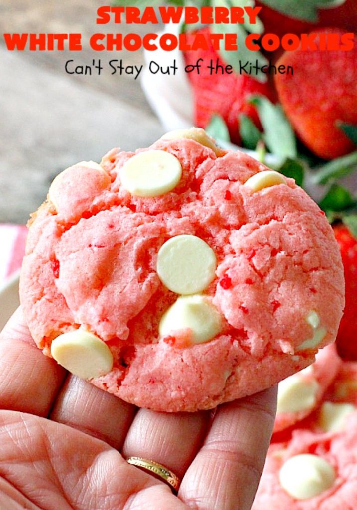Strawberry White Chocolate Cookies | Can't Stay Out of the Kitchen | super easy 4-ingredient #cookie recipe! It's ideal for #Christmas cookie exchanges and #holiday parties. #strawberry #chocolate #dessert