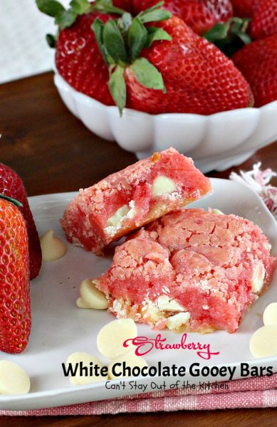 Strawberry White Chocolate Gooey Bars | Can't Stay Out of the Kitchen | these incredibly gooey #brownies are so easy & delicious. They start with a #strawberry #cakemix & are filled with #whitechocolatechips & sweetened #condensedmilk. #dessert #cookie #chocolate