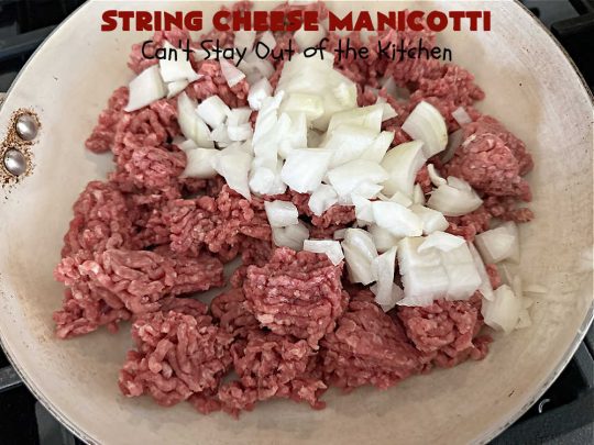 String Cheese Manicotti | Can't Stay Out of the Kitchen | this is a simple & easy 6-ingredient #recipe for #manicotti. The #ManicottiShells are stuffed with #StringCheese & layered with a meat sauce & #MozzarellaCheese. This kid-friendly meal is fun & delicious! #pasta #GroundBeef #ItalianSausage #StringCheeseManicotti