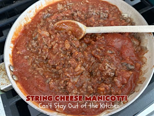 String Cheese Manicotti | Can't Stay Out of the Kitchen | this is a simple & easy 6-ingredient #recipe for #manicotti. The #ManicottiShells are stuffed with #StringCheese & layered with a meat sauce & #MozzarellaCheese. This kid-friendly meal is fun & delicious! #pasta #GroundBeef #ItalianSausage #StringCheeseManicotti