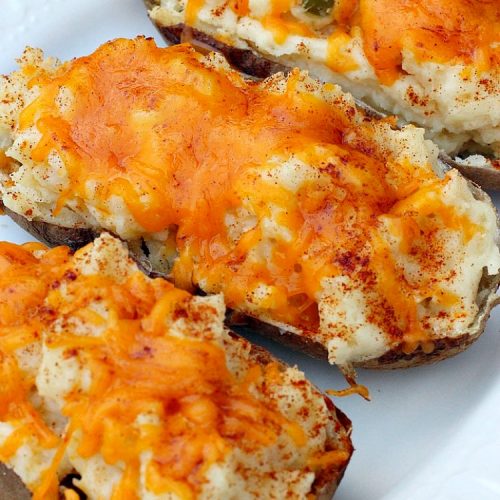 Stuffed Baked Potatoes | Can't Stay Out of the Kitchen | these wonderful #potatoes use two cheeses--#cheddar & #parmesan. They're filled with flavor and terrific for company or #holiday dinners like #Easter or #MothersDay. #StuffedBakedPotatoes #GlutenFree #SideDish #DoubleStuffedBakedPotatoes #casserole #HolidaySideDish