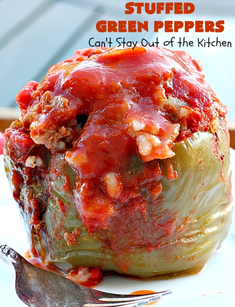 Stuffed Green Peppers | Can't Stay Out of the Kitchen | this delicious vintage #recipe is a family favorite. #BellPeppers are stuffed with #GroundBeef & #rice & covered with #TomatoSauce & a pinch of brown sugar. The slightly sweet & savory taste is so mouthwatering. Delightful comfort food entree. #StuffedGreenPeppers #GlutenFree