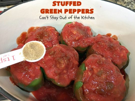 Stuffed Green Peppers | Can't Stay Out of the Kitchen | this delicious vintage #recipe is a family favorite. #BellPeppers are stuffed with #GroundBeef & #rice & covered with #TomatoSauce & a pinch of brown sugar. The slightly sweet & savory taste is so mouthwatering. Delightful comfort food entree. #StuffedGreenPeppers #GlutenFree