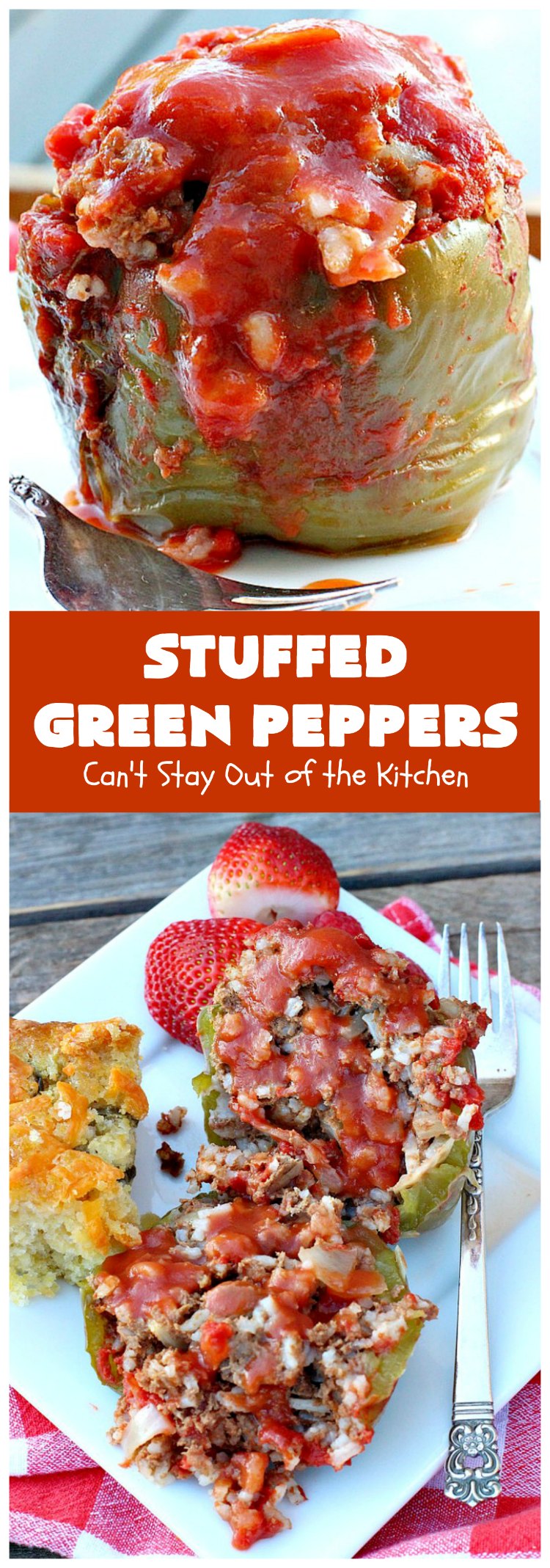 Stuffed Green Peppers | Can't Stay Out of the Kitchen | this delicious vintage #recipe is a family favorite. #BellPeppers are stuffed with #GroundBeef & #rice & covered with #TomatoSauce & a pinch of brown sugar.  The slightly sweet & savory taste is so mouthwatering. Delightful comfort food entree. #StuffedGreenPeppers #GlutenFree